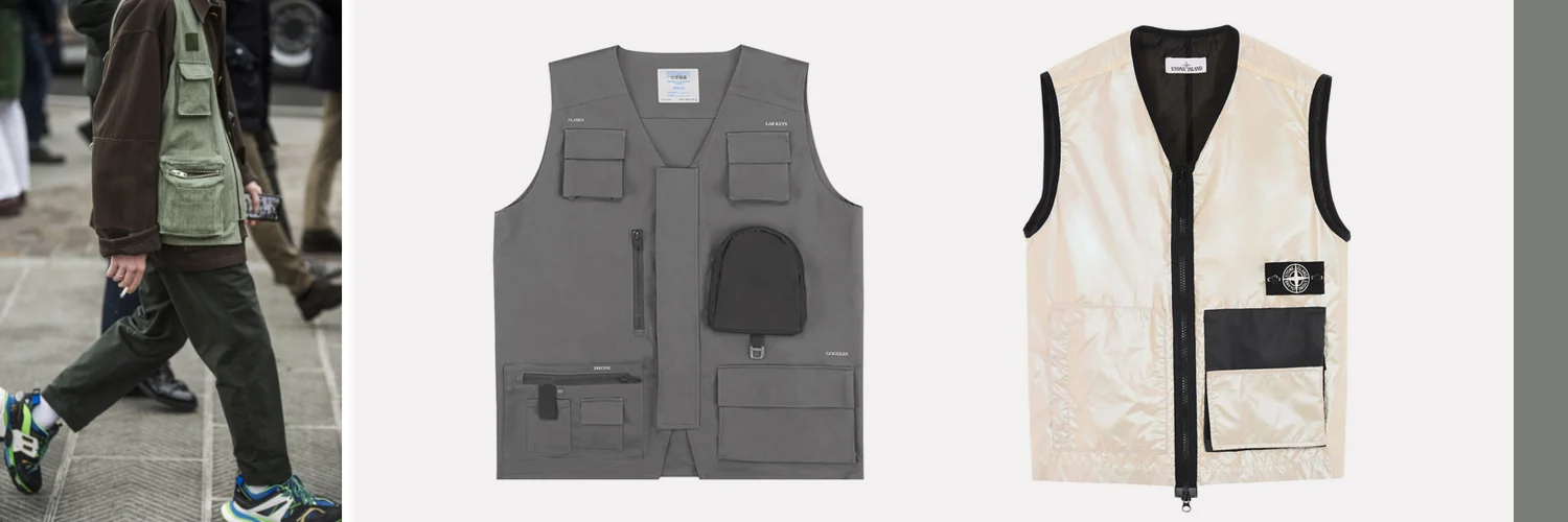 Mid: Chemist C2H4 Utility Vest, €200 Right: Stone Island Iridescent Vest, €399. Both available at Highsnobiety.com