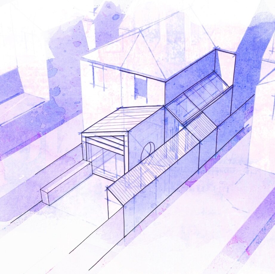 Work in Progress - Concept Drawing - Cambridge, England _ #Concept sketch for a ground floor rear extension to an Edwardian house. The concept plays on the existing side extension, but breaks down the familiar gable volume, into a series of slipped p