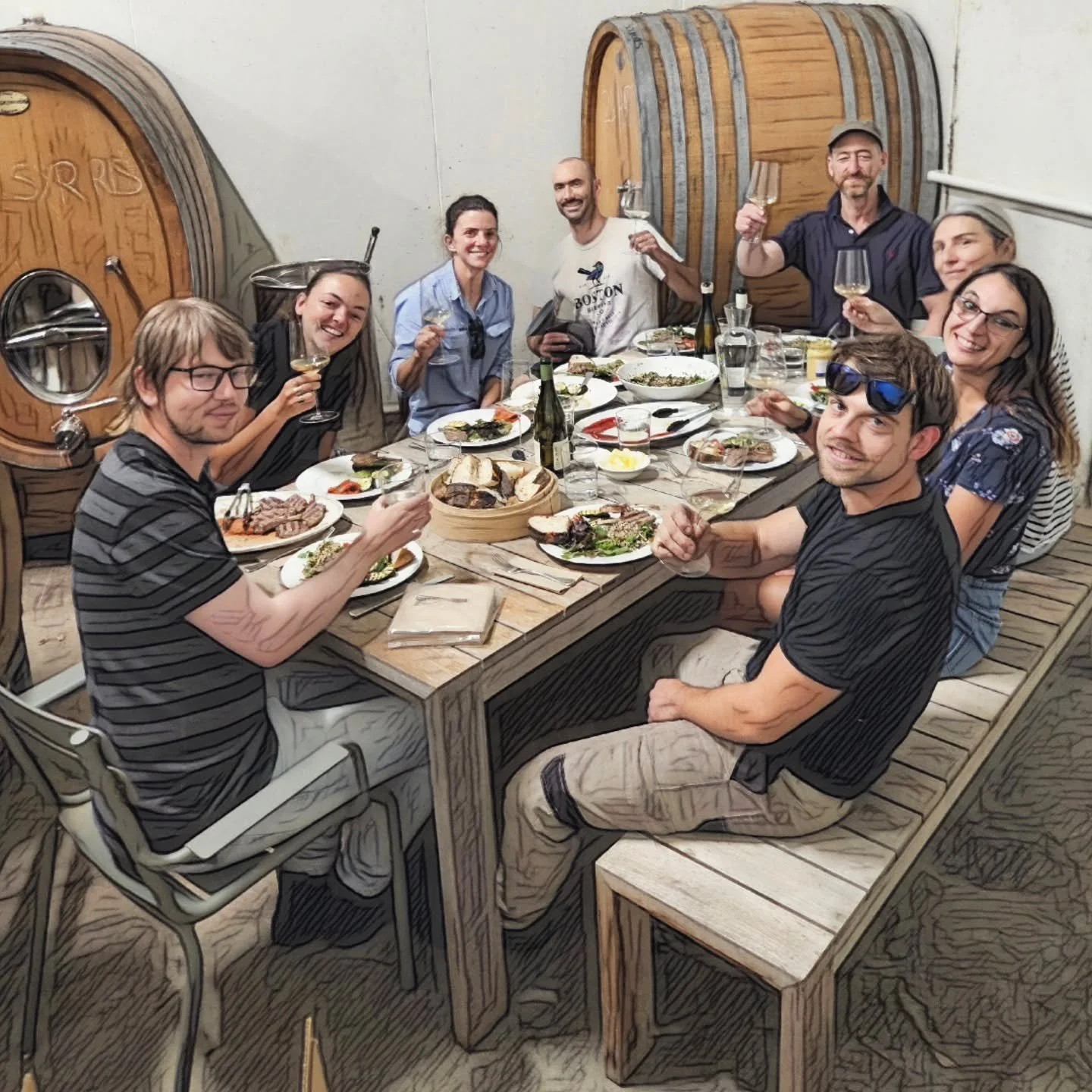 A sketchy image of the vintage 'A team' enjoying a well earned meal after a long and draining (yet immensely satisfying) harvest. Everything is now picked, all Chardonnay in barrel and mostly dry, and all Pinot pressed off. Good yields and what appea