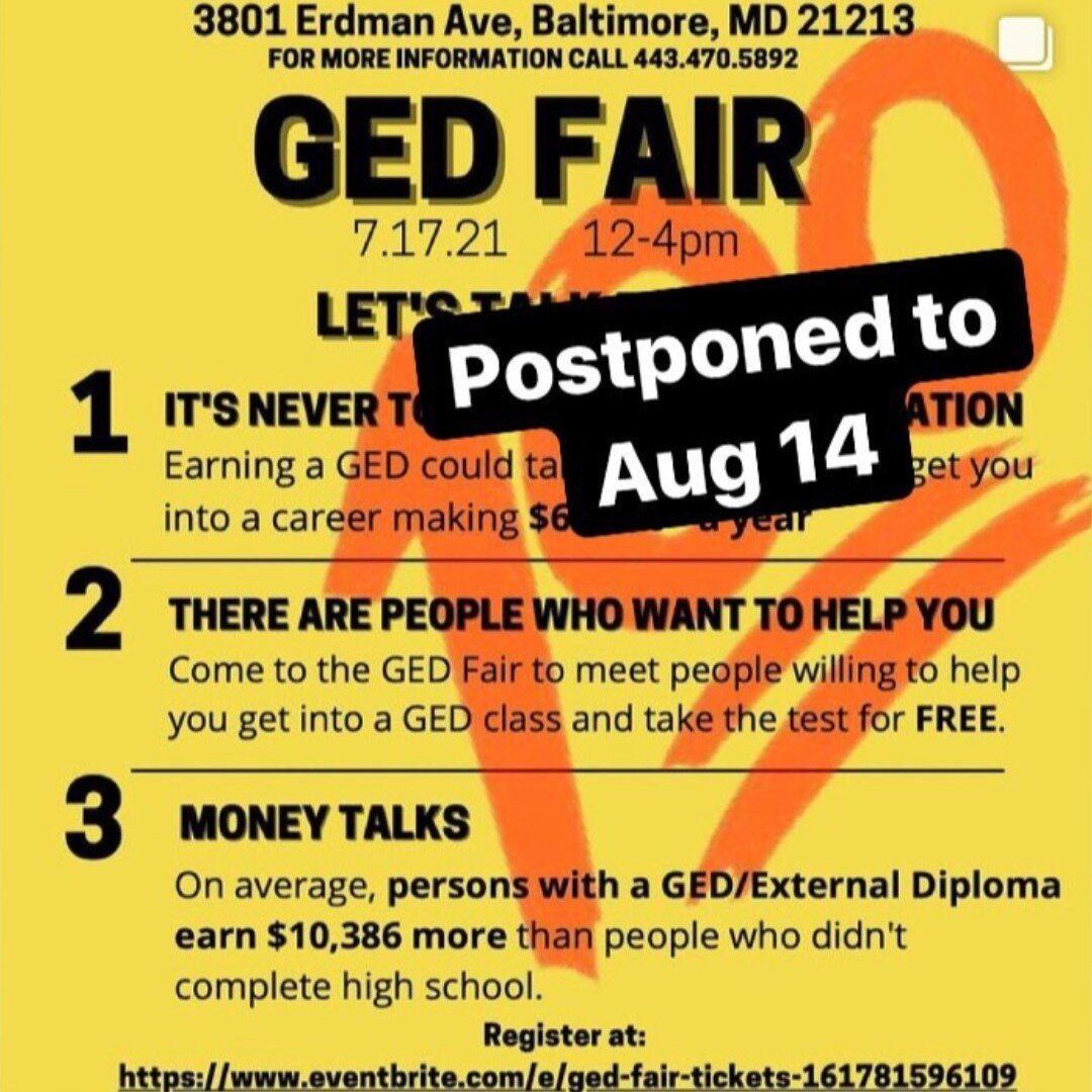 The GED Fair organized by @librarieswithoutborders and the @prattlibrary will be rescheduled to August 14. The event was scheduled to take place on the grounds of the Herring Run Branch of the Enoch Pratt Free Library in Erdman Shopping Center. The l