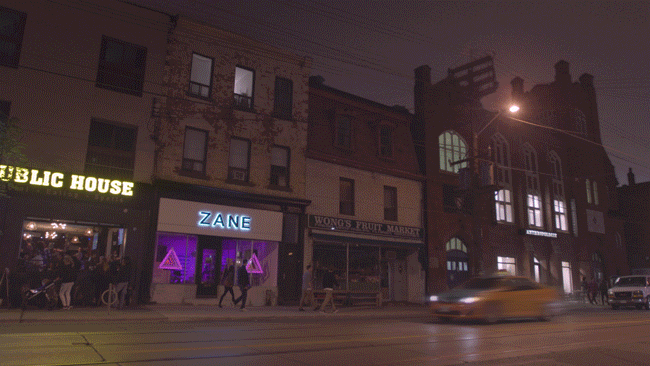 Looking to bridge digital animation skills with physical I created a light-art installation for Zane on Toronto's Queen West.