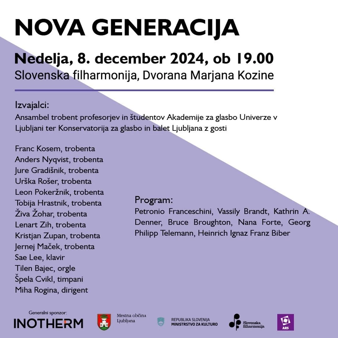 Na sklepnem koncertu letošnje sezone cikla SiBrass, ki v ospredje postavlja različne trobilne zasedbe oziroma glasbo s trobili v glavnih vlogah, bodo v ad hoc sestavljenem Ansamblu trobent profesorjev in študentov Akademije za glasbo Un