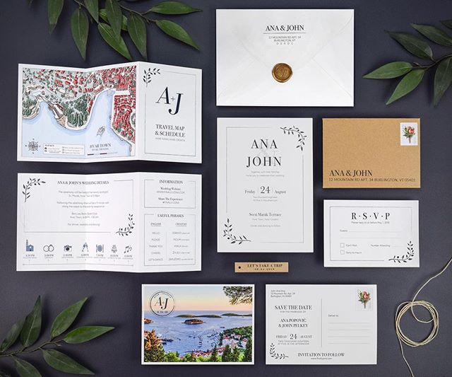 The goal for our wedding invitations was to be more than just a invitation. We wanted them to be a valuable resource for our guests. Included is a fold-out insert with a wedding day timeline and custom map with all of the wedding locations included. 
