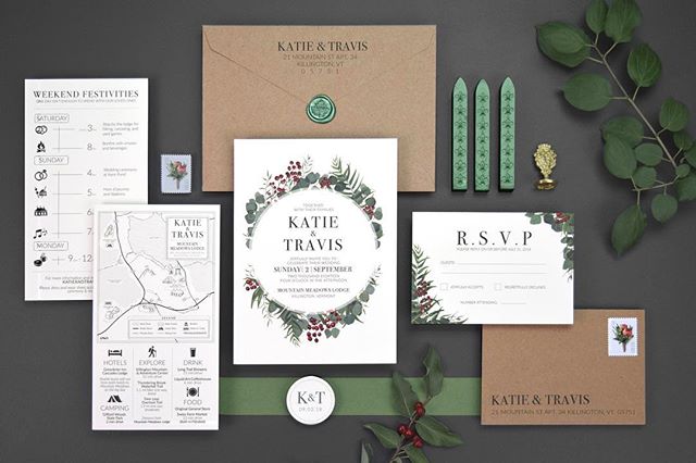We were thrilled when Travis &amp; Katie asked us to work on the invitations for their beautiful wedding weekend at Mountain Meadows Lodge in Killington, Vermont. &nbsp;They wanted to make sure that the invitations would be a useful resource for thei