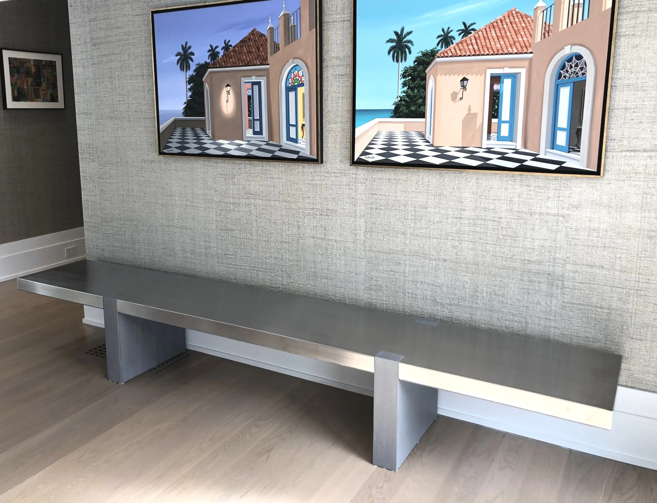 Stainless steel and white oak bench.