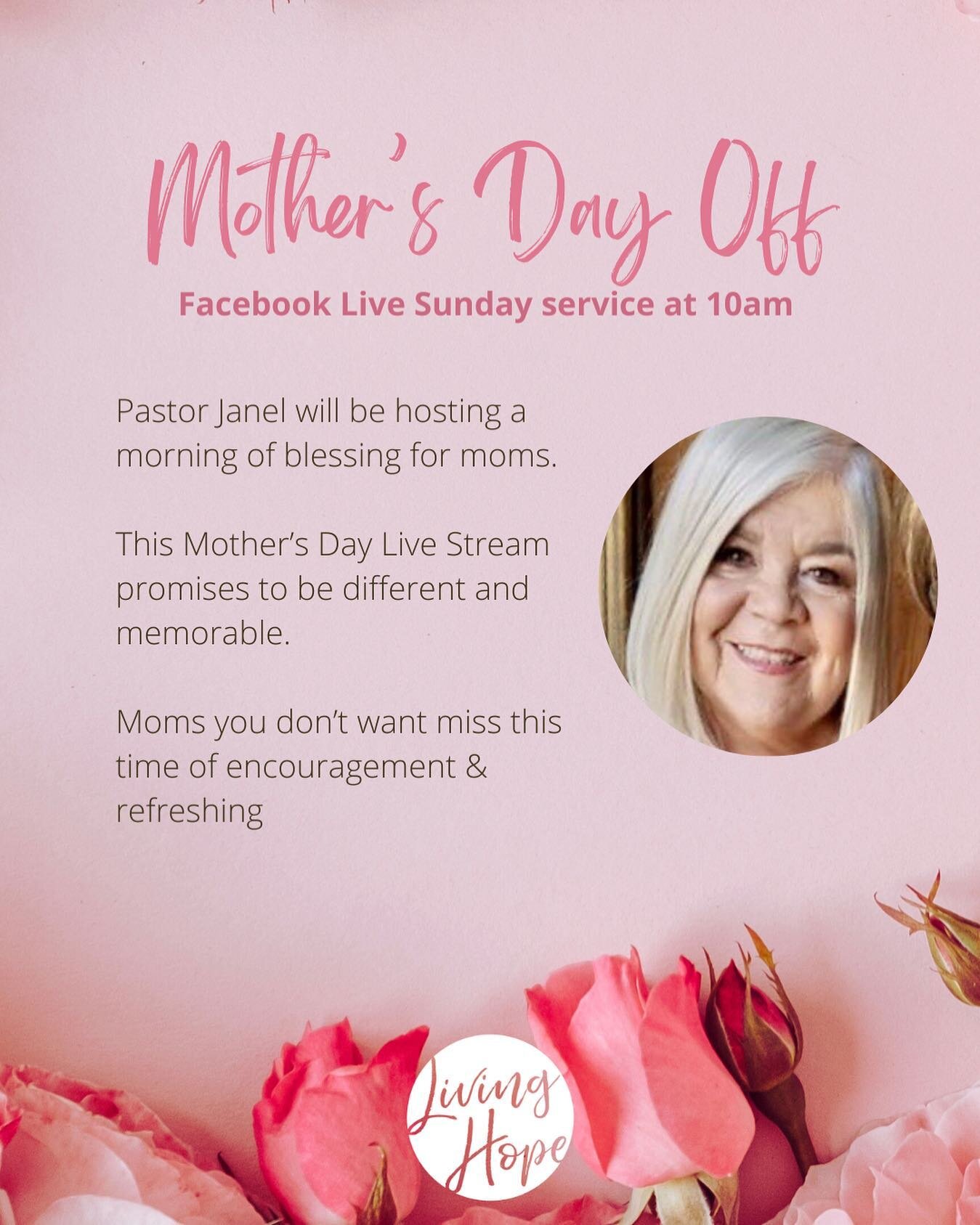We&rsquo;re giving Mothers the day off this Sunday! Join us online via Facebook Live at 10am for a special Mother&rsquo;s Day service. 

Enjoy breakfast from the comfort of your home while Pastor Janel shares a special message!