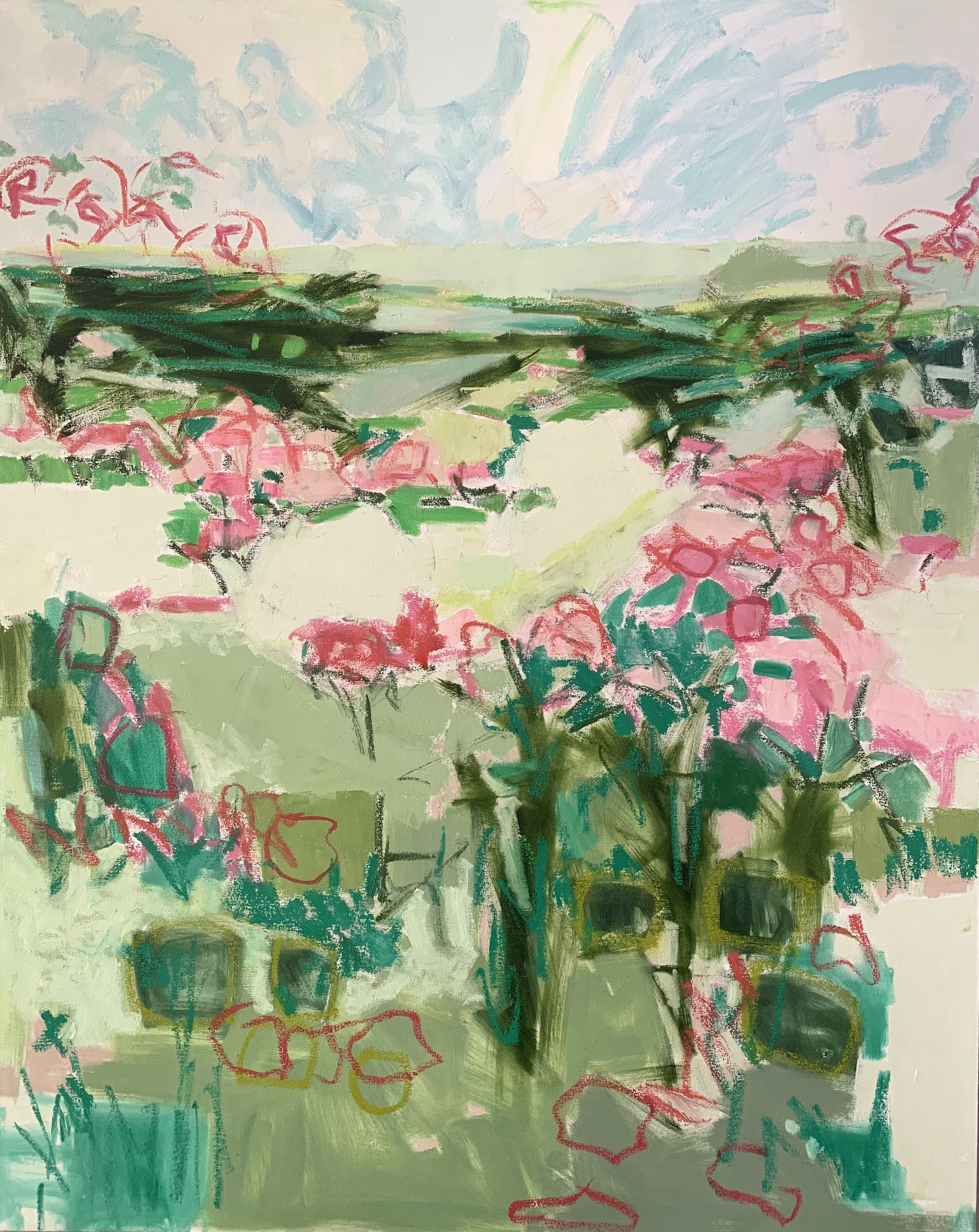 Peach Orchard in Bloom, 60x48, $8,000.