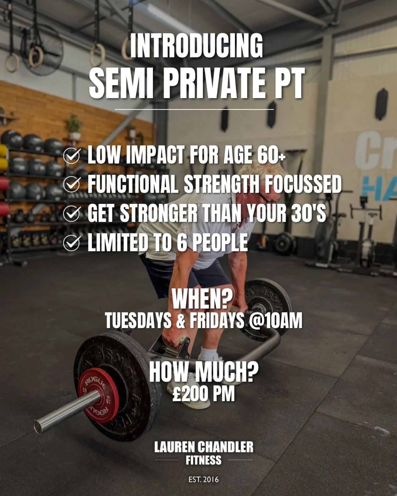Now taking bookings&hellip; 
Your first session is free.

If you know of anyone that would benefit from this then spread the word. 

Strength training is the key for longevity and staying fit and active into later years! Don&rsquo;t put it off till i