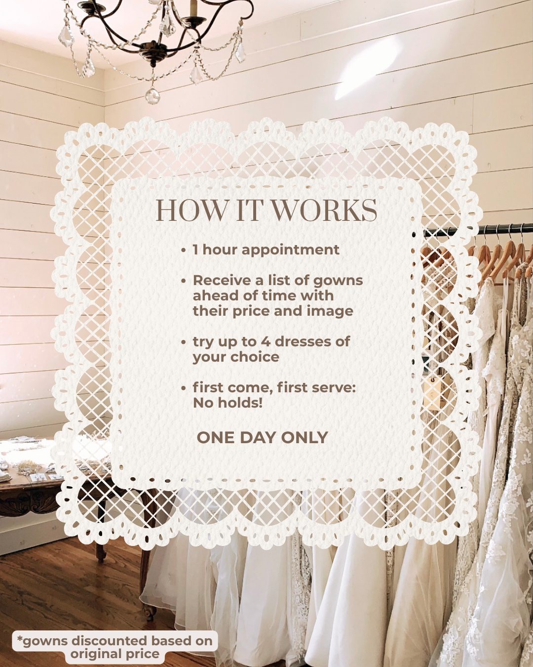 cleo bridal boutique interior with a rack of wedding gowns and chandelier, displaying the Labor Day sample sale details: one hour appointments, gown list provided in advance with pricing and photos, try up to 4 dresses, one day only