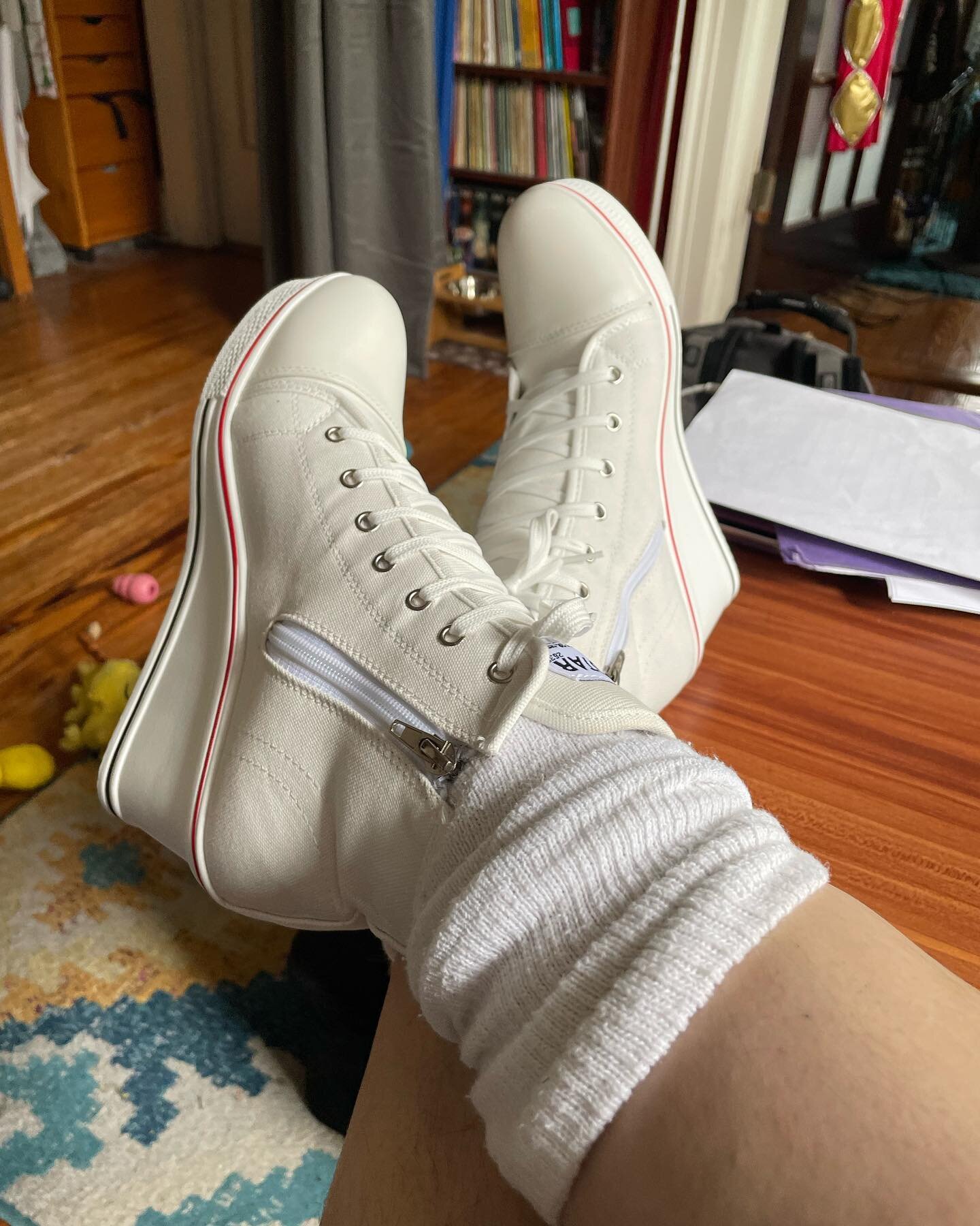 Todays installment of #RexyGotNewShoes a simple high top wedge sneaker. Will they stay white or will they be dyed to match a sporty outfit. To find out, come see &ldquo;The Legend of Georgia McBride&rdquo; this July at The Barnstormers Theatre in Tam