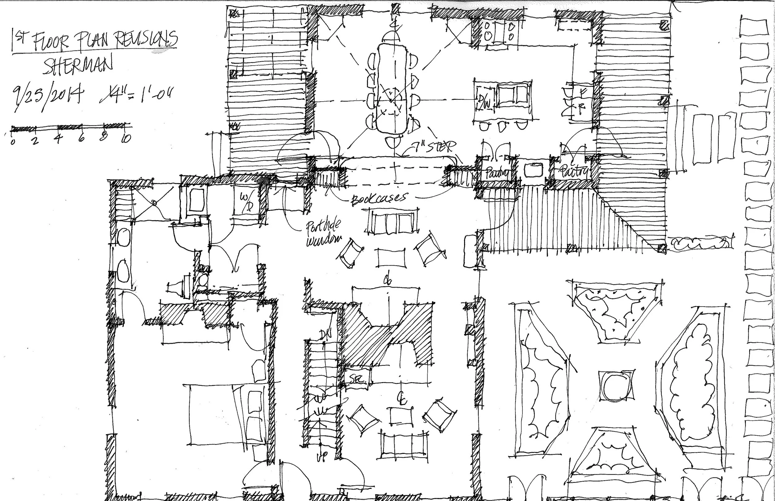 Hand-drawn first floor plan sketch for a residential renovation project, showing layout revisions for living areas, patio, dining room, and custom bookcases