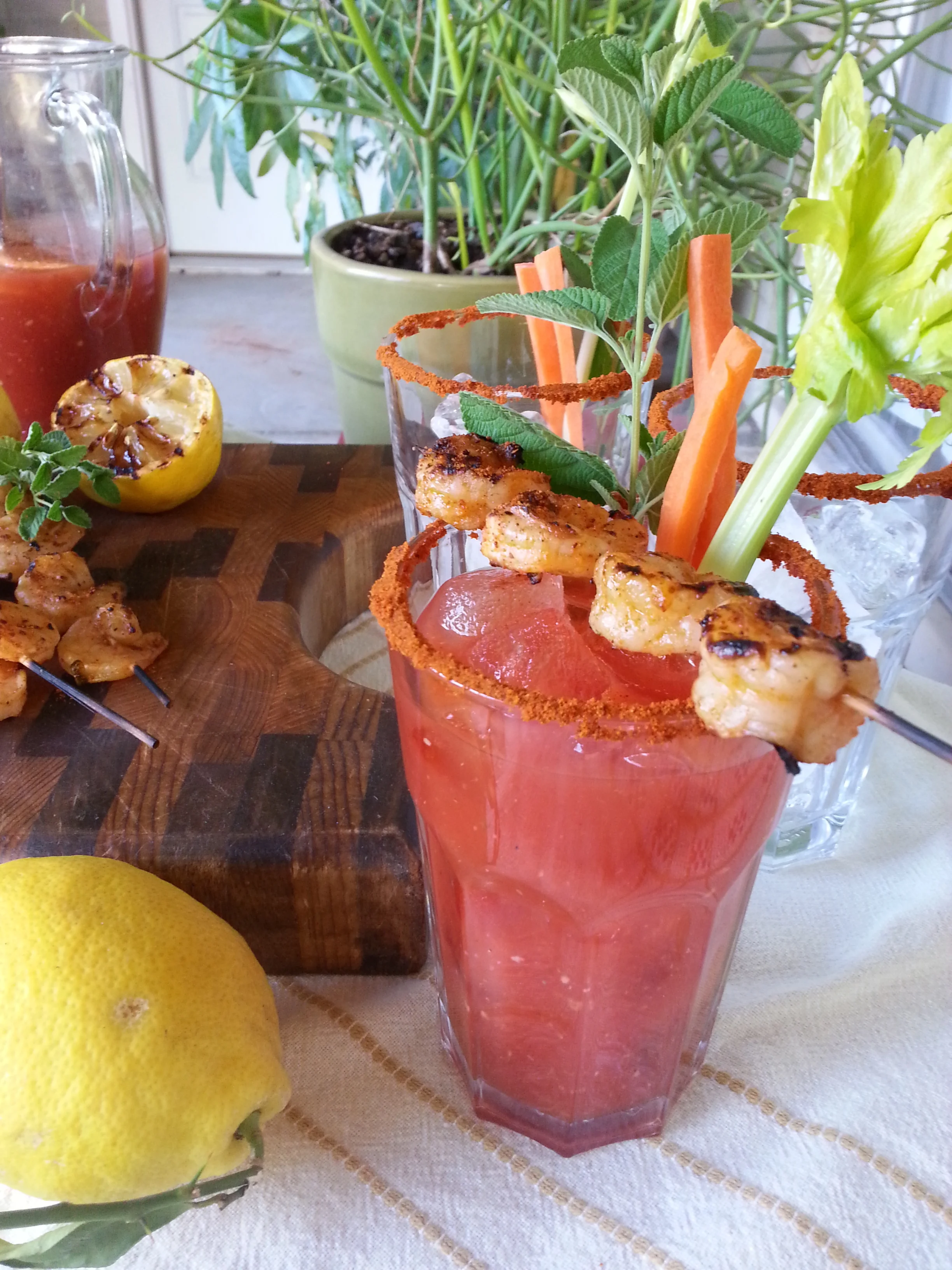 Bloody Mary with Grilled Pipian Mole Shrimp Skewers