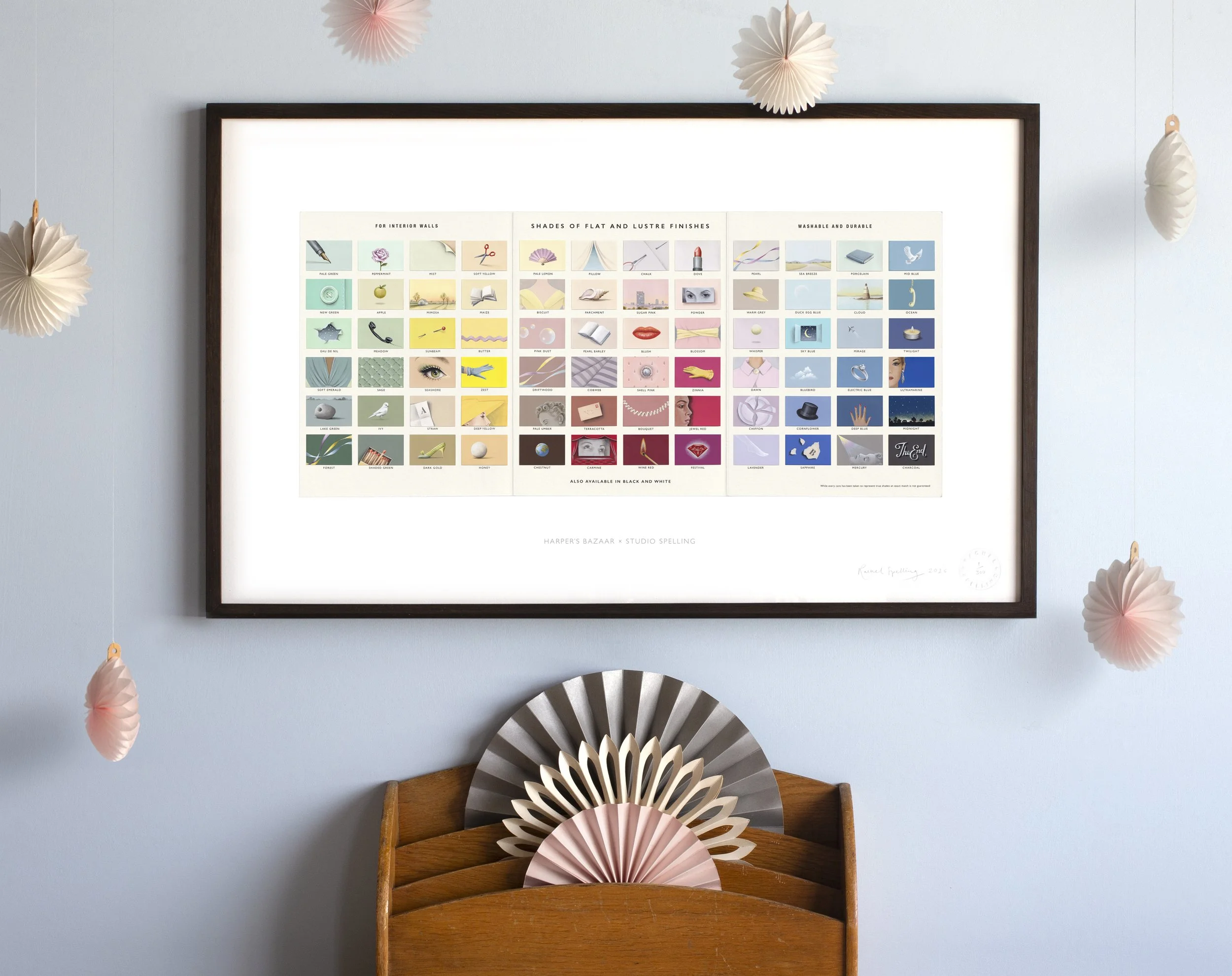 A framed print on a blue wall of 72 miniatures painted by Rachel Spelling and inspired by the Harper's Bazaar archive