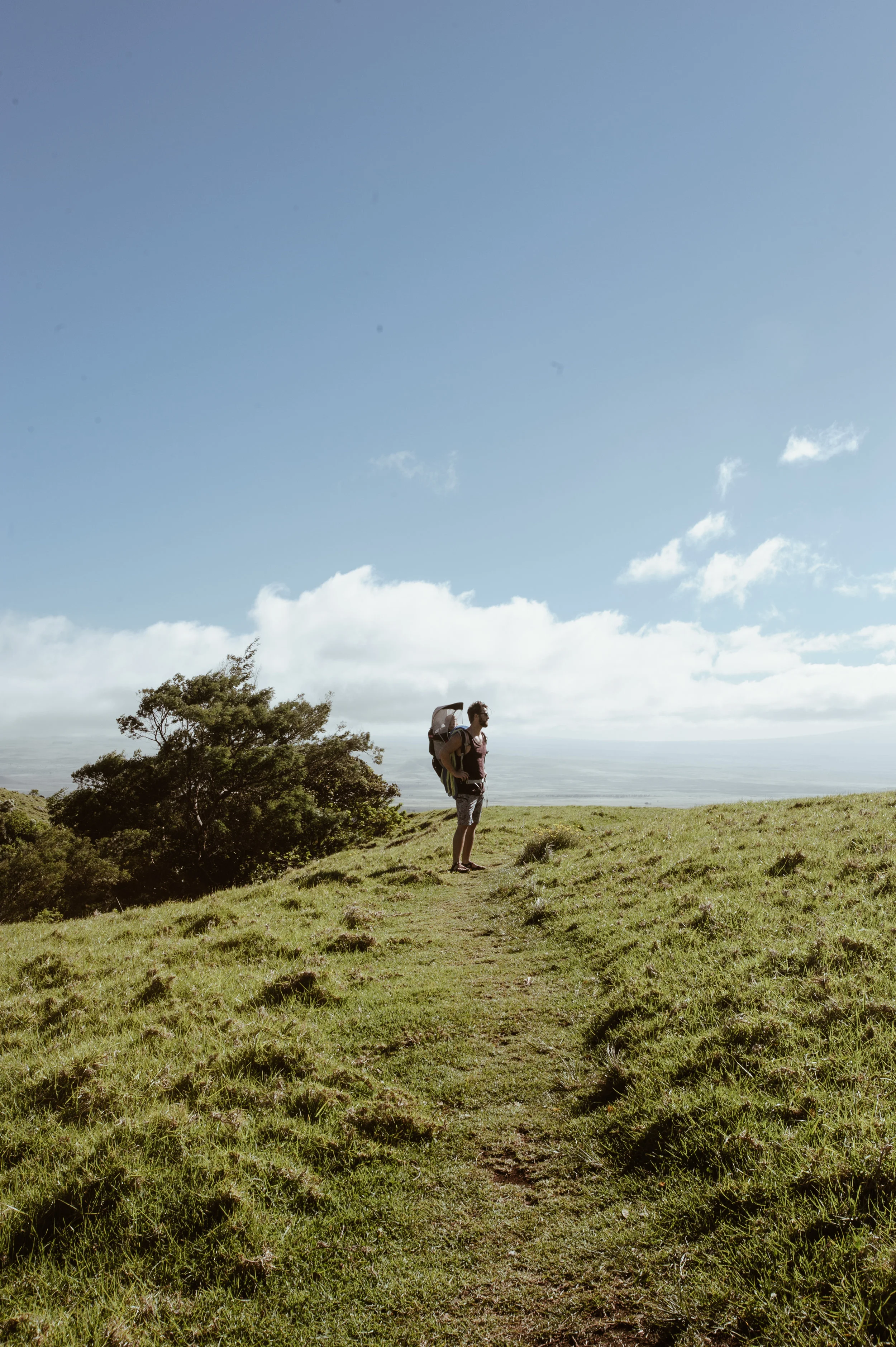 man with baby in field