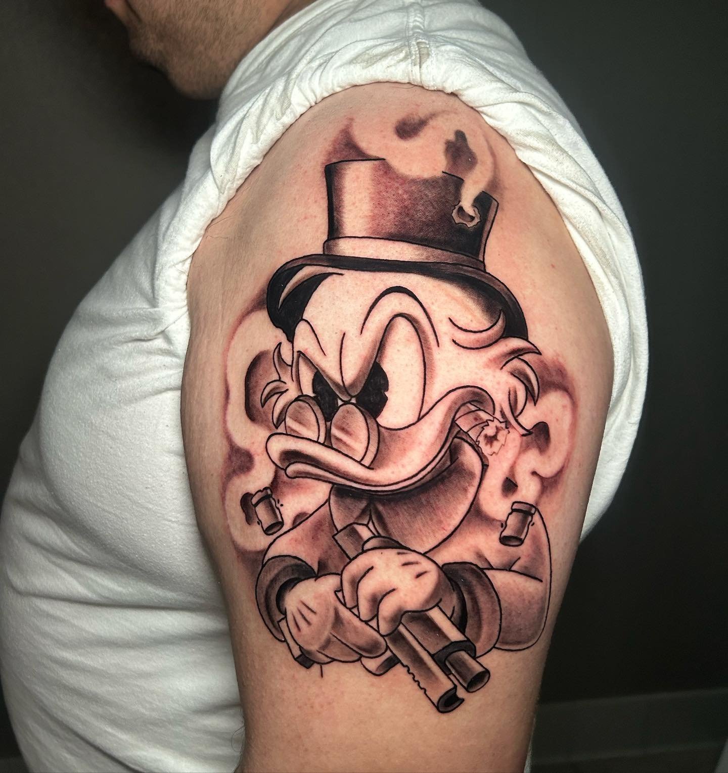 Scrooge Mcduck 🙌🏽🙌🏽 Definitely my New Favorite style to tattoo 🙏🏽🙏🏽 

Done here at @adornmentbodyart 
For appointments Dm me or txt (760)993-8355 

#dripfornia&trade;️💦 #adornmentpiercingprivatetattoo #bng #bnginksociety #bngtattoo #cartoont