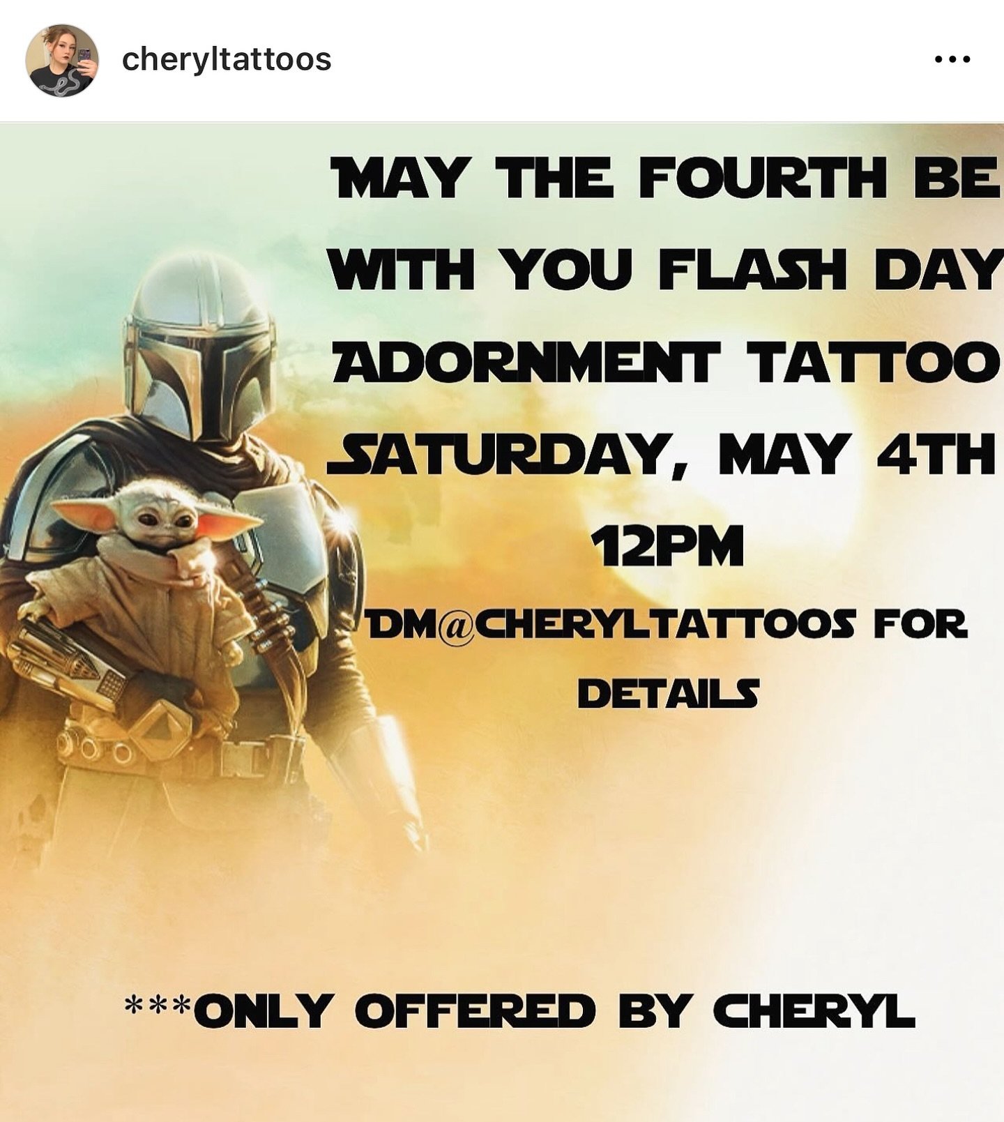 Come spend Saturday May 4th with @cheryltattoos She will be offering flash tattoos this day! DM her to secure your spot and get all the details✨