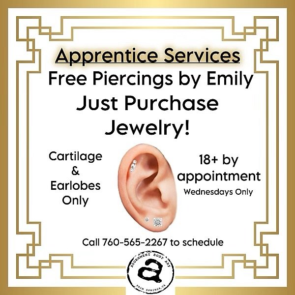 ✨Apprentice piercings with @emilyadorns ✨ $45 Piercing fee waived for Helix and Earlobe piercings Only. Must purchase jewelry. Call us to schedule at 760-565-2267 Every Wednesday and ask to book with Emily!