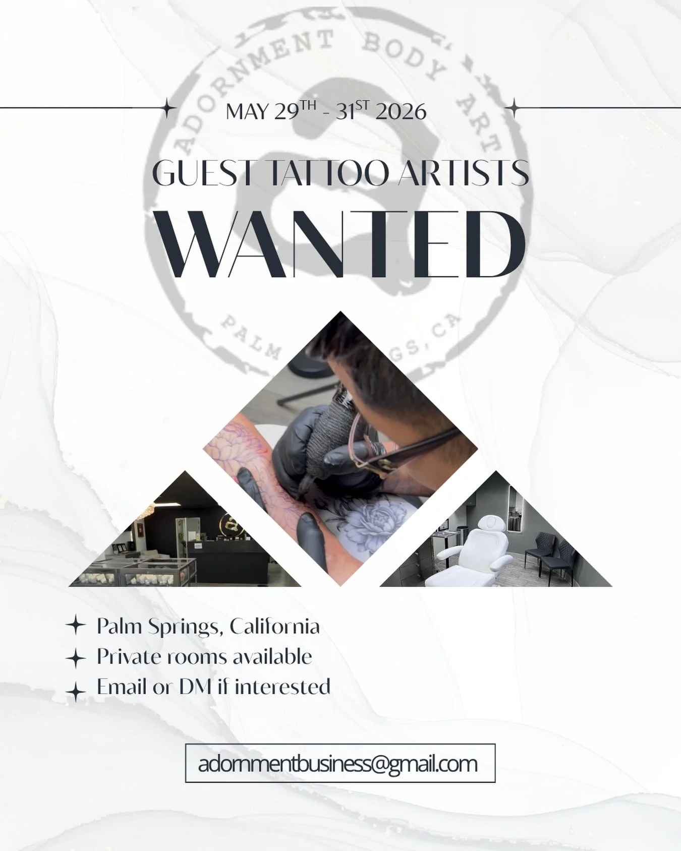 &bull;Tattoo Guest Artists Wanted&bull;
We have space available for guest artists here @adornmentbodyart in Palm Springs, Ca.
Friday May 29th- Sunday 31st 
If you are interested DM us or email at adornmentbusiness@gmail.com and we can discuss details