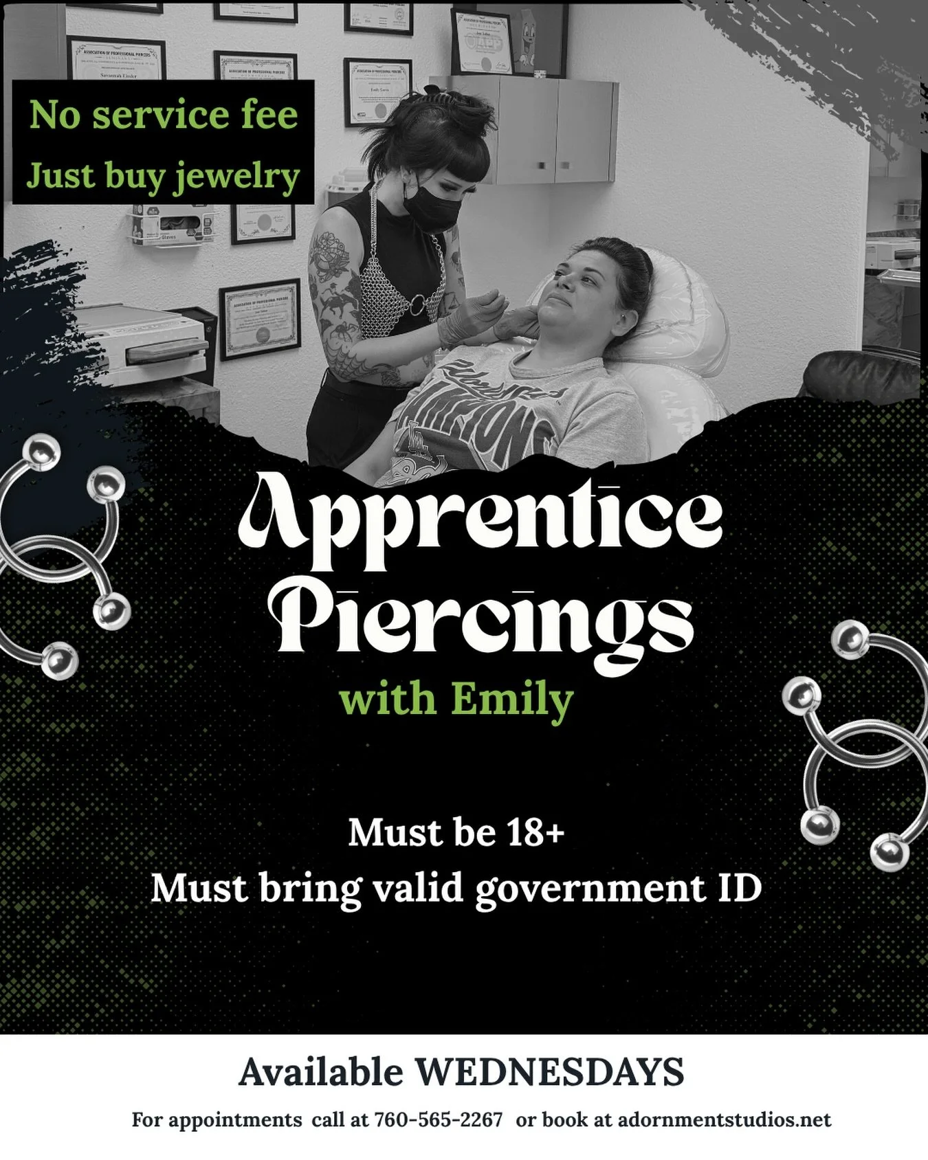 ✨Apprentice piercings with Emily✨
 No service fee &bull; Just pay for Jewelry

Emily is progressing through her piercing apprenticeship and new services are being offered! 

Available Wednesdays for the following piercings:
Eyebrow
Septum
Daith 
Indu