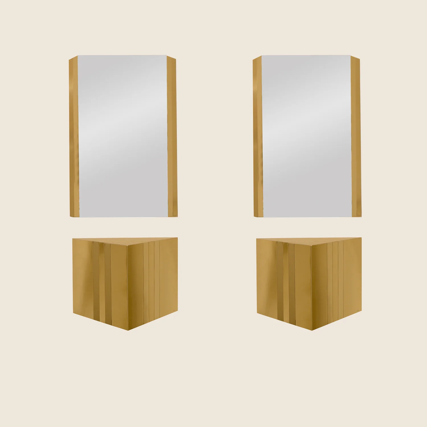 PAIR OF ANGULAR BRASS CONSOLES WITH MATCHING MIRRORS
