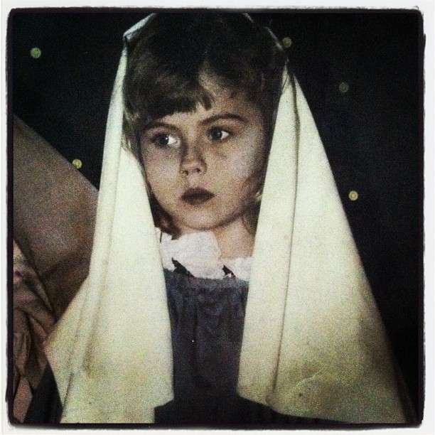 Yours truly as the virgin Mary in my schools Christmas pageant. I was Mary 3 years in a row (until parents complained bc it's kind of the main gig). Fun fact, i peed my costume every year on dress rehearsal day. Childhood anxiety is fun. 