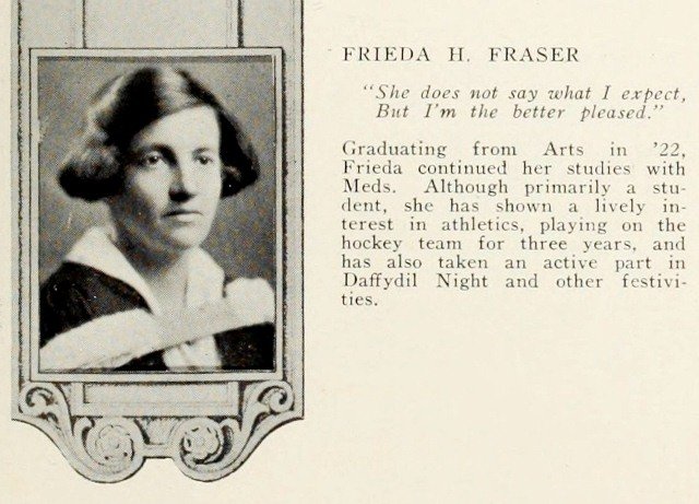  Frieda H. Fraser, 1925 entry in Torontonensis, University of Toronto yearbook. 