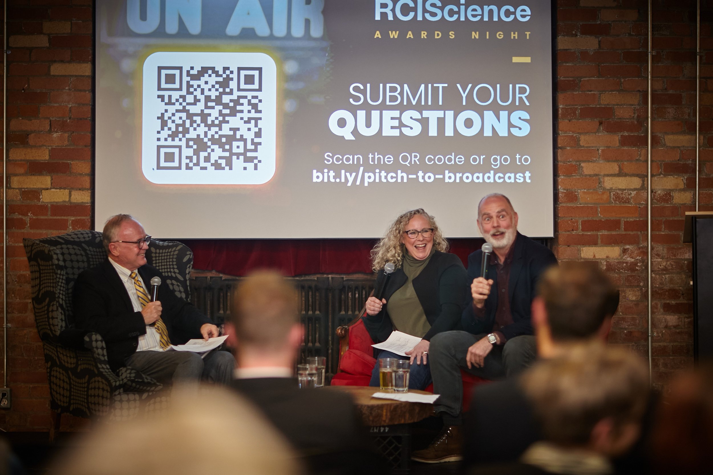  Science writer Terry Collins, 2023 Sandford Fleming medalist, and producers Jim Lebans and Sonya Buyting representing the production team behind CBC Radio’s  Quirks &amp; Quarks,  recipient of the 2023 William Edmond Logan Award, at the 2023 RCIScie