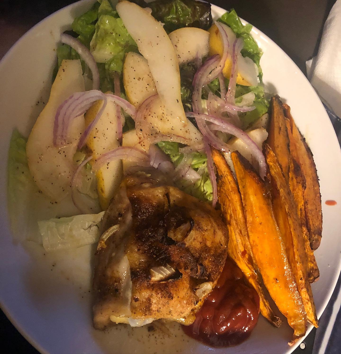 Easy dinner: I love keeping seasonal, fresh fruits and vegetables around, as well as proteins in my freezer. Tonight, I had pulled out a few chicken thighs from the freezer earlier in the day. I set the oven to 375 degrees. I cut the sweet potatoes i