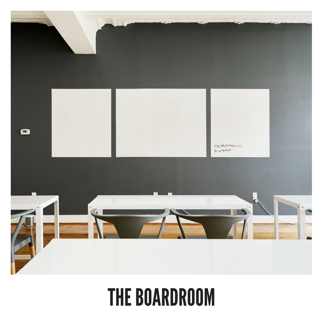 Fully private Table and chairs for 12 Additional seating available for up to 30 Whiteboard walls for ideation Free for members up to 2 hours at a time $100/hr for non-members