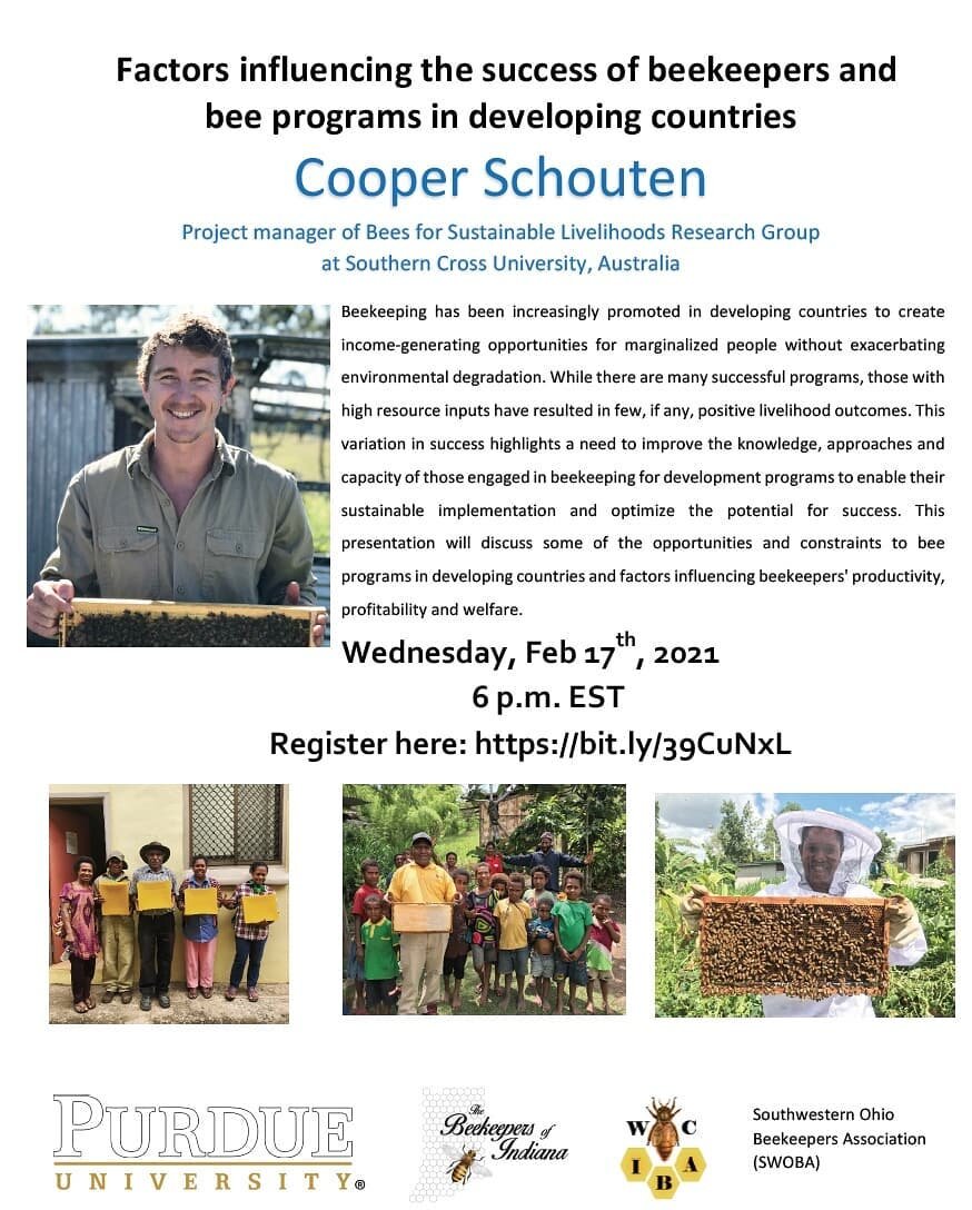 We're excited to host Cooper Schouten next week for a special seminar. He'll be talking to us about beekeeping programs in developing countries. If you'd like to join us, registrater with the link in the bio. 

#purdue #beekeeping #extension