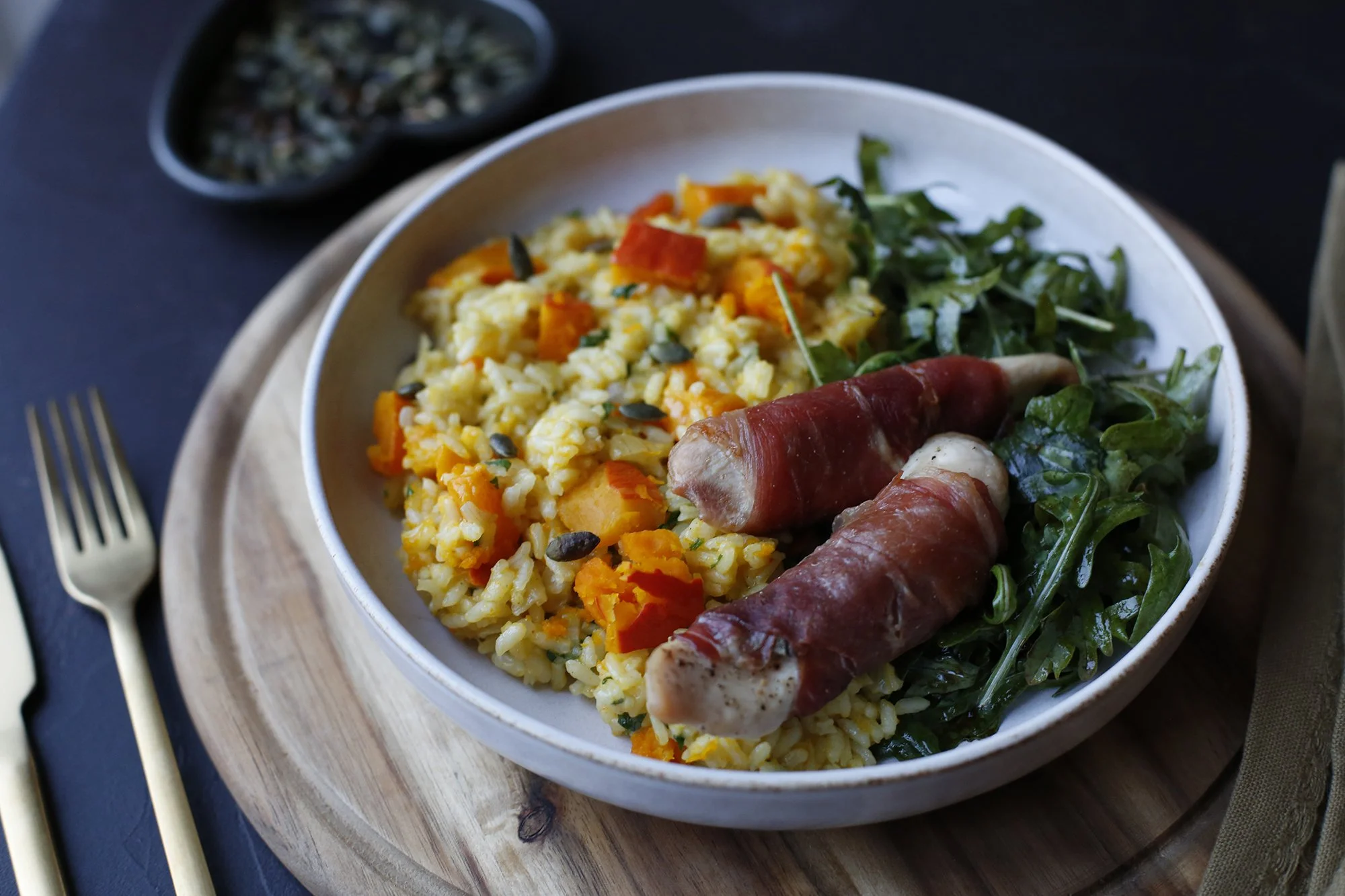 Saltimbocca with pumpkin risotto