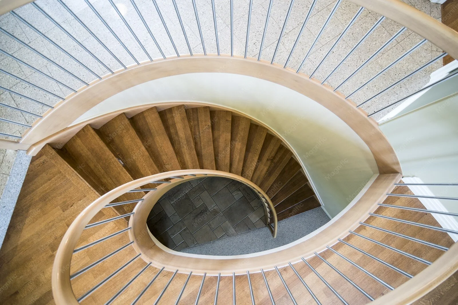 Stock photo: overhead view of a wooden spiral staircase