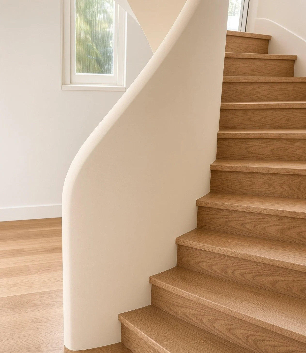  Curved white plastered stringer sweeping up beside a closed oak staircase, Bondi 