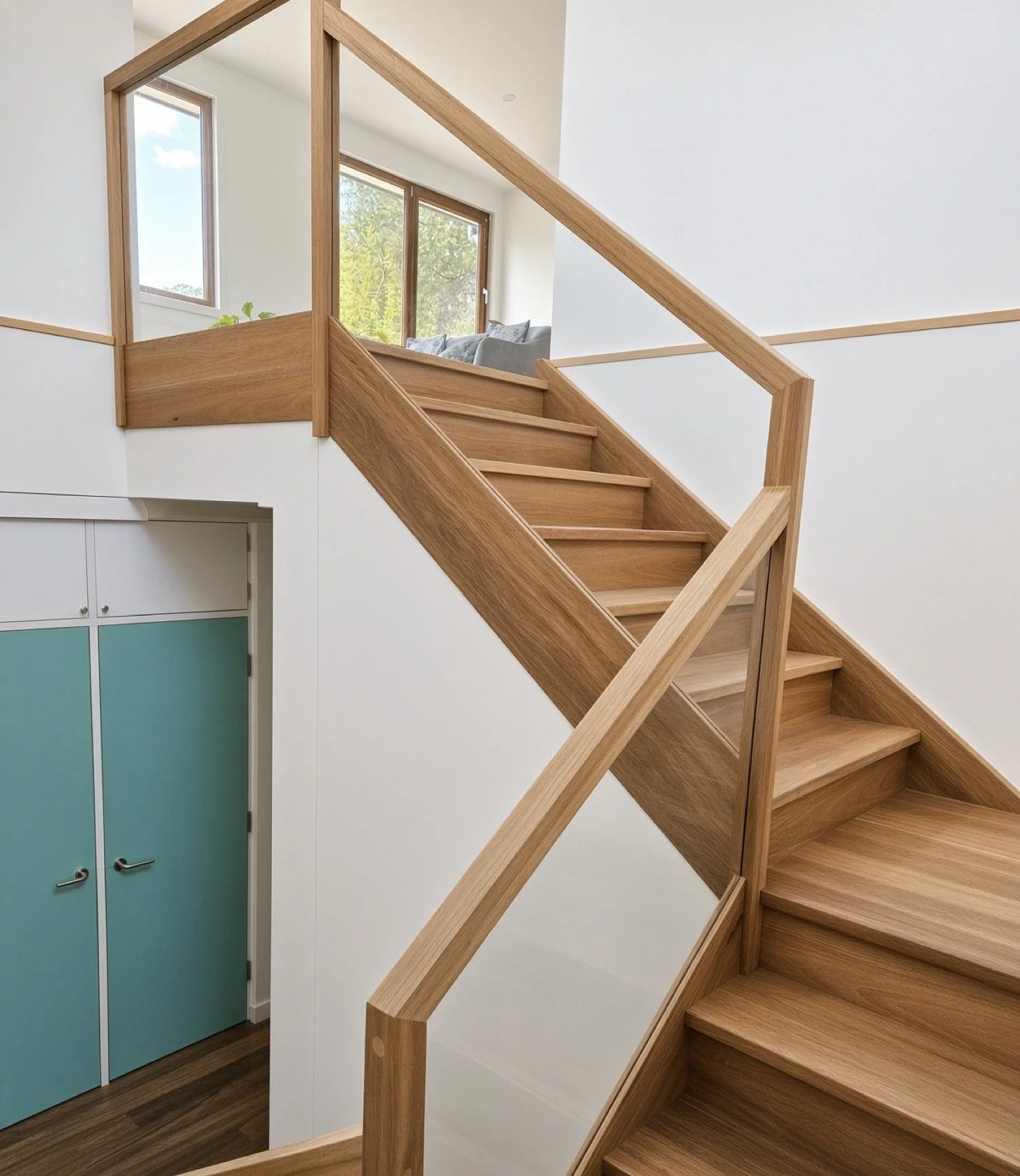  Oak staircase with oak-framed glass balustrade panels rising to a bright window landing, North Sydney 