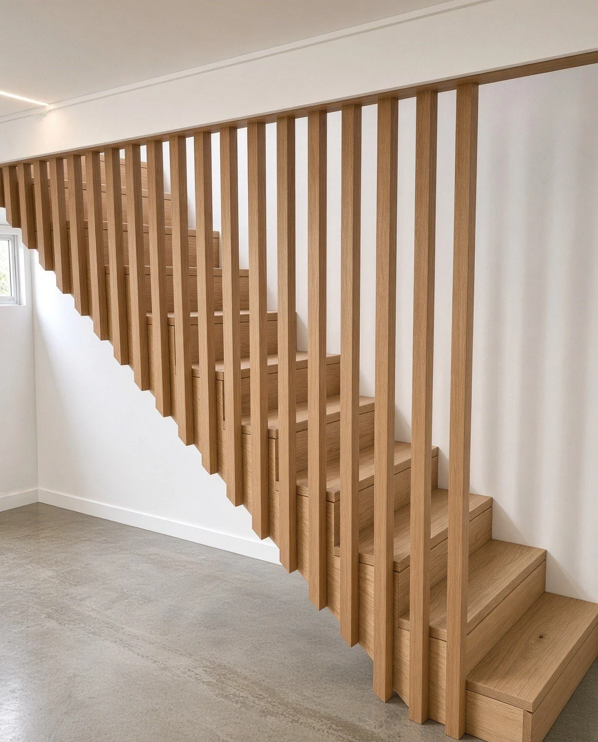  Oak staircase behind a full-height vertical timber batten screen above a polished concrete floor, Northern Beaches 