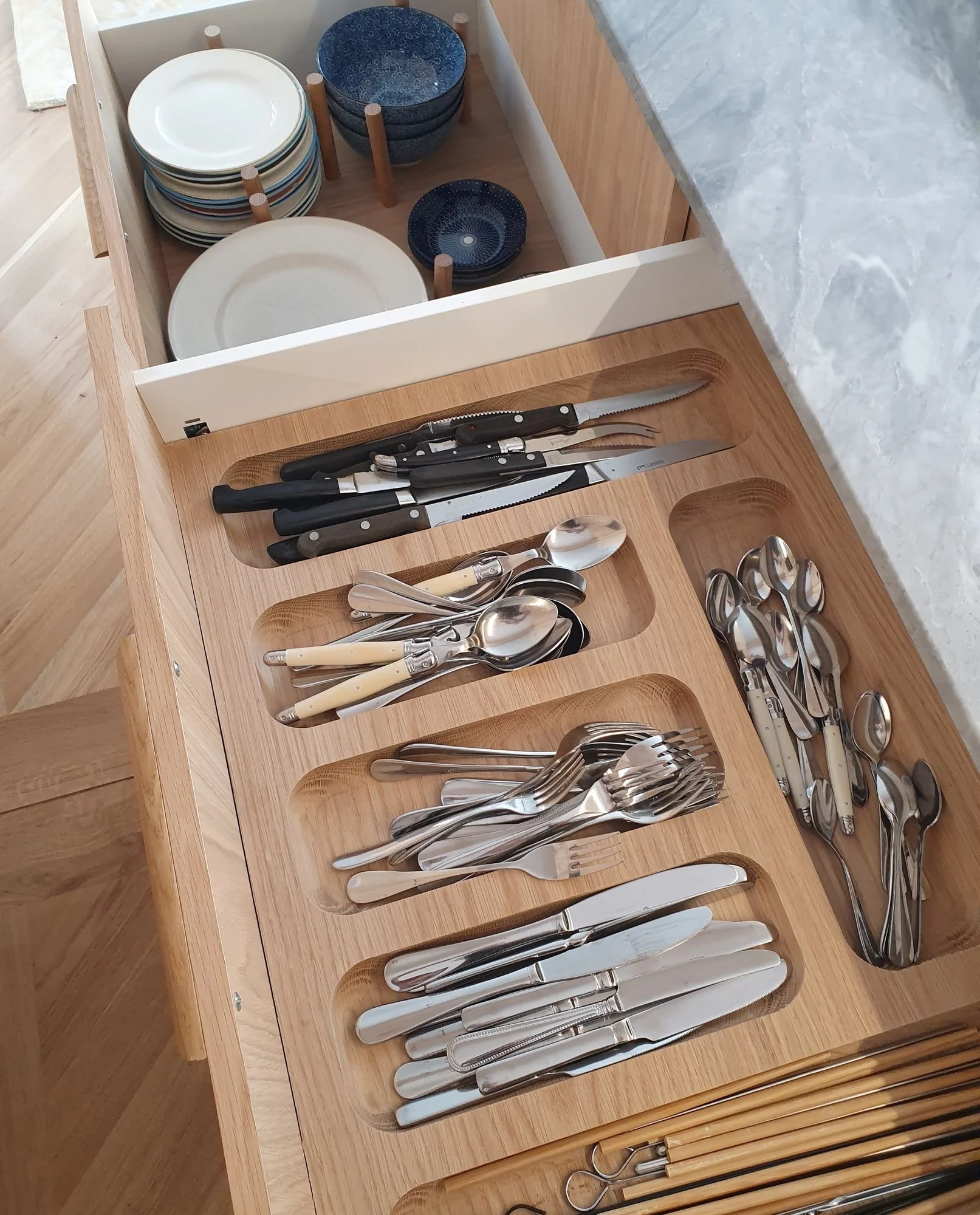  Custom oak cutlery drawer insert below a crockery drawer with timber peg dividers, North Sydney 