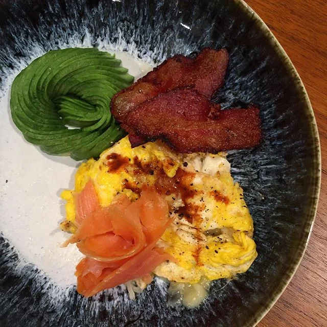 Starting the weekend off right: Smoked Salmon, Bacon &amp; Eggs w/ Rare Stock Revival hot sauce.