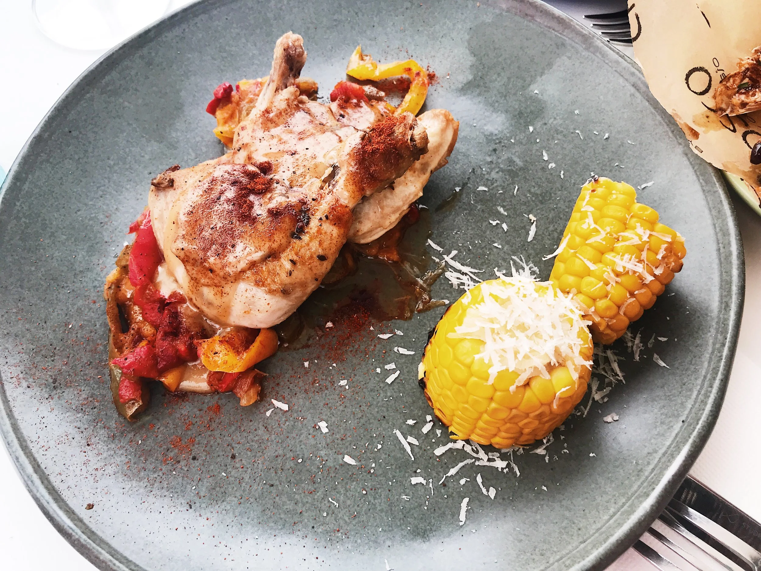 Highlight: Charcoal spatchcock with pepperonata - and corn on the cob.