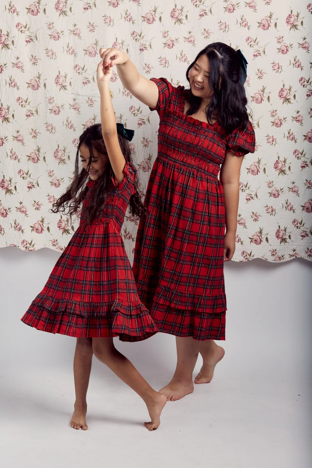 blue dress for baby girl Red Plaid Holiday Dress with Black Velvet Trim main image 1