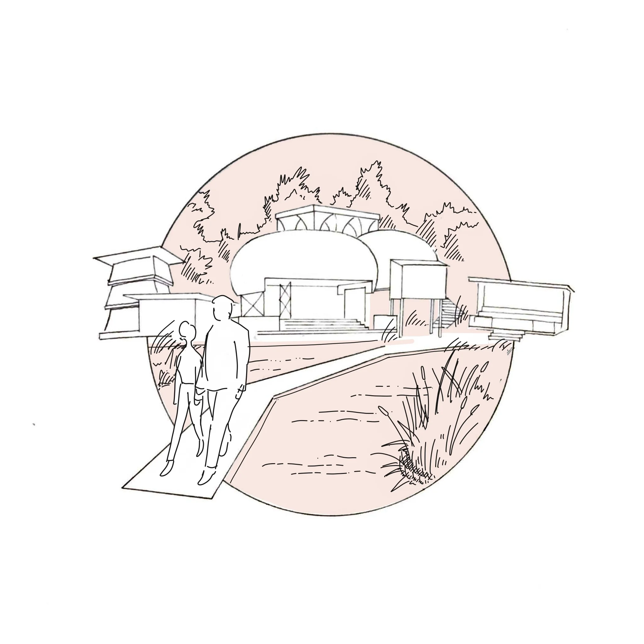RIGHT NOW: 2018, Berlin: Floating University - A series of scaffold pavilions in a Berlin water reservoir adjacent to Tempelhofer Feld, hosting dinners, talks, seminars, workshops and performances until its planned dismantling, this September. RAUMLABOR FLOATING UNIVERSITY LINK . Drawing by James Coleman.
