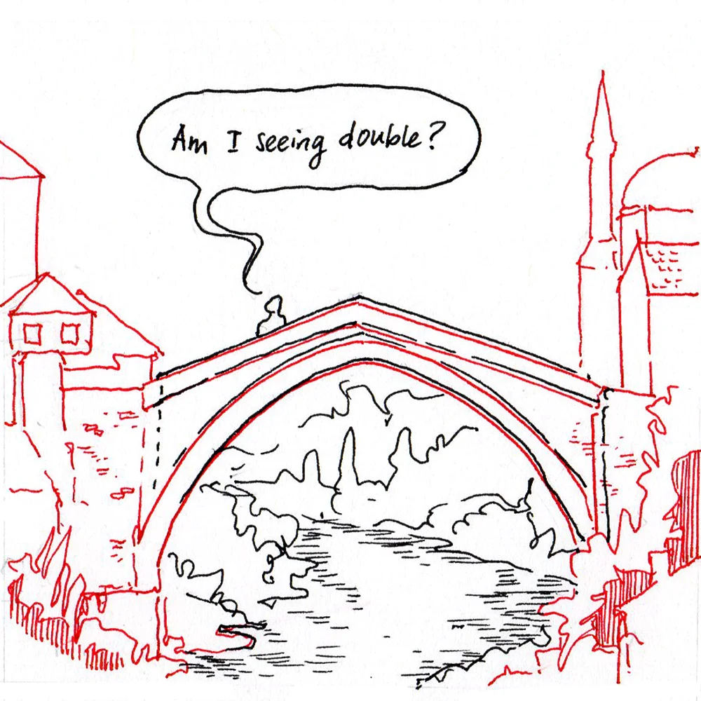 SIMULATED RECONSTRUCTION: Reconstructing something exactly as it was. Such as the Barcelona Pavilion, or the old Bridge of Mostar, above, rebuilt by UNESCO, from 1995–2004.