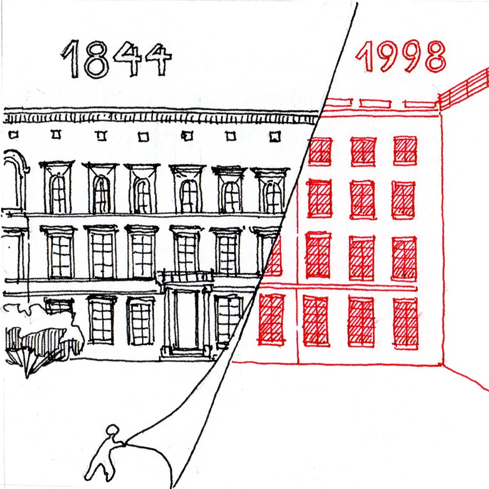 CONCEPTUAL RECONSTRUCTION: Translate to something that is in the end effect completely new. Such as Josef Paul Kleines‘ reconstruction (1996–1998) of the Haus Lieberman, on Pariser Platz in Berlin, above: the same building, but completely different.