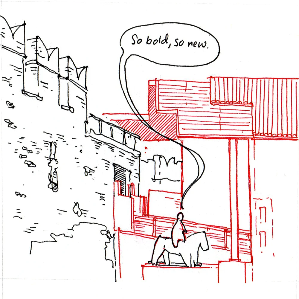 INTERPRETED RECONSTRUCTION: A dialect in contrast and continuity. Alois Riegl, in his 1903 essay, “The Contemporary Memorial Cult”, argued that buildings have a duty not just to their history, but also to the contemporary: above all, art and function. In short, keep the ruin, make it functional, and add something new – like Carlo Scarpa did, with his reconstruction of the Castelvecchio in Verona (1958–64).