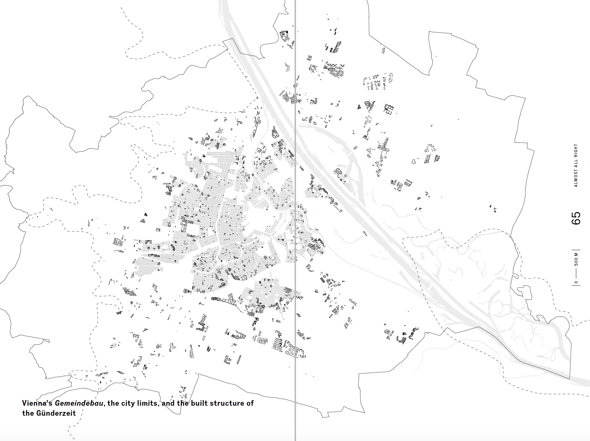 Social housing in every neighborhood: the black indicates social housing projects, or 'Gemeindebau,' scattered across Vienna. The gray shows the historical 'Gründerzeit' city core. Credit: A spread from Rumpfhuber's book, "Modelling Vienna, Real Fictions in Social Housing."