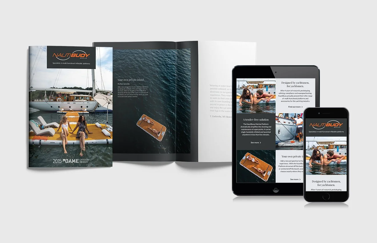   Nautibuoy:  launch campaign for a luxury super-yacht brand.  Branding, logo design, email, web and brochure design.  