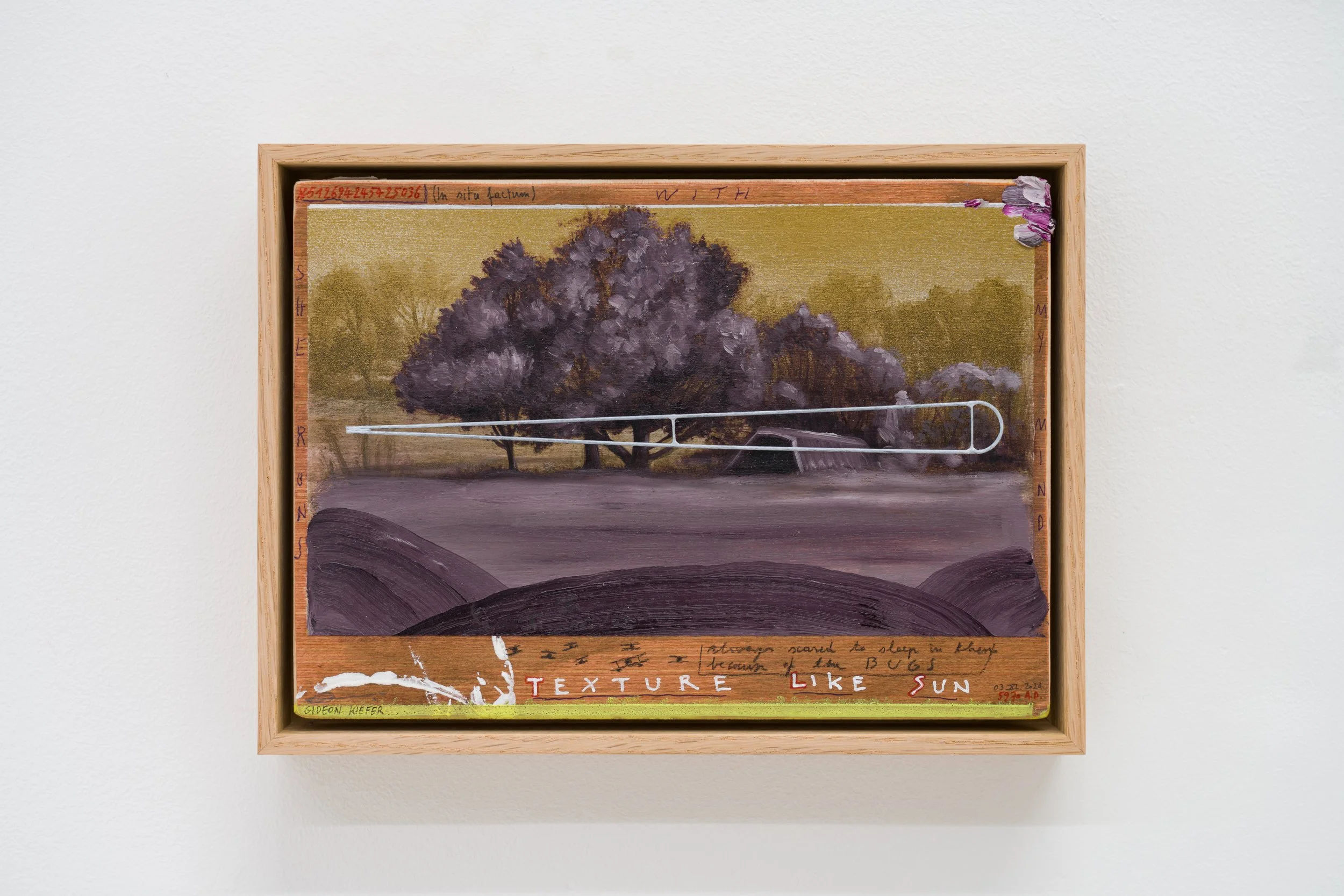 Gideon Kiefer Texture Like Sun , 2024 oil, spray paint, acrylic, pencil, Uni Posca marker, ballpoint pen, Stabilo marker and soldering on plywood 17 x 23 cm