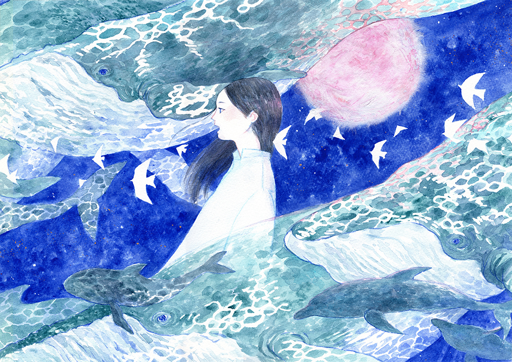 BLUE -a song of whales Ⅰ.- ターナー色彩株式会社様の作例として制作させていただきました。 海外向けホームページにアーティスト作品としてご紹介いただいています。 I draw this as an example by Turner Color Co., Ltd. This is published on the homepage for English. https://www.turner.co.jp/english/