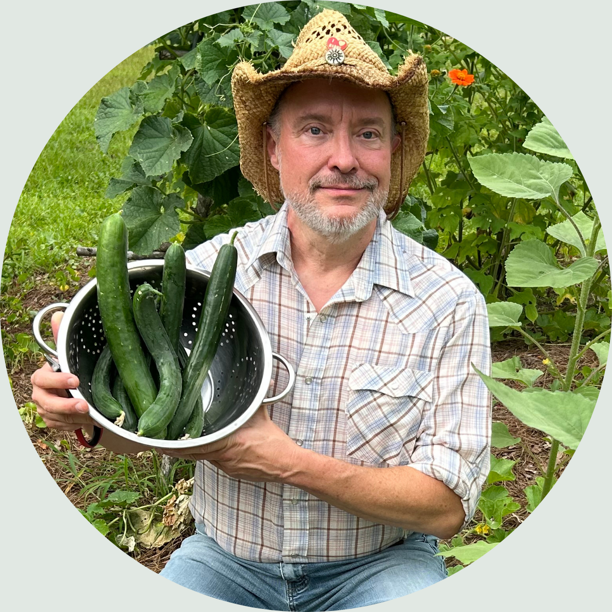 The Nurse Farmer Holding cucumbers that he grew from seed with Mexican Sunflowers that he grew from seed in the background