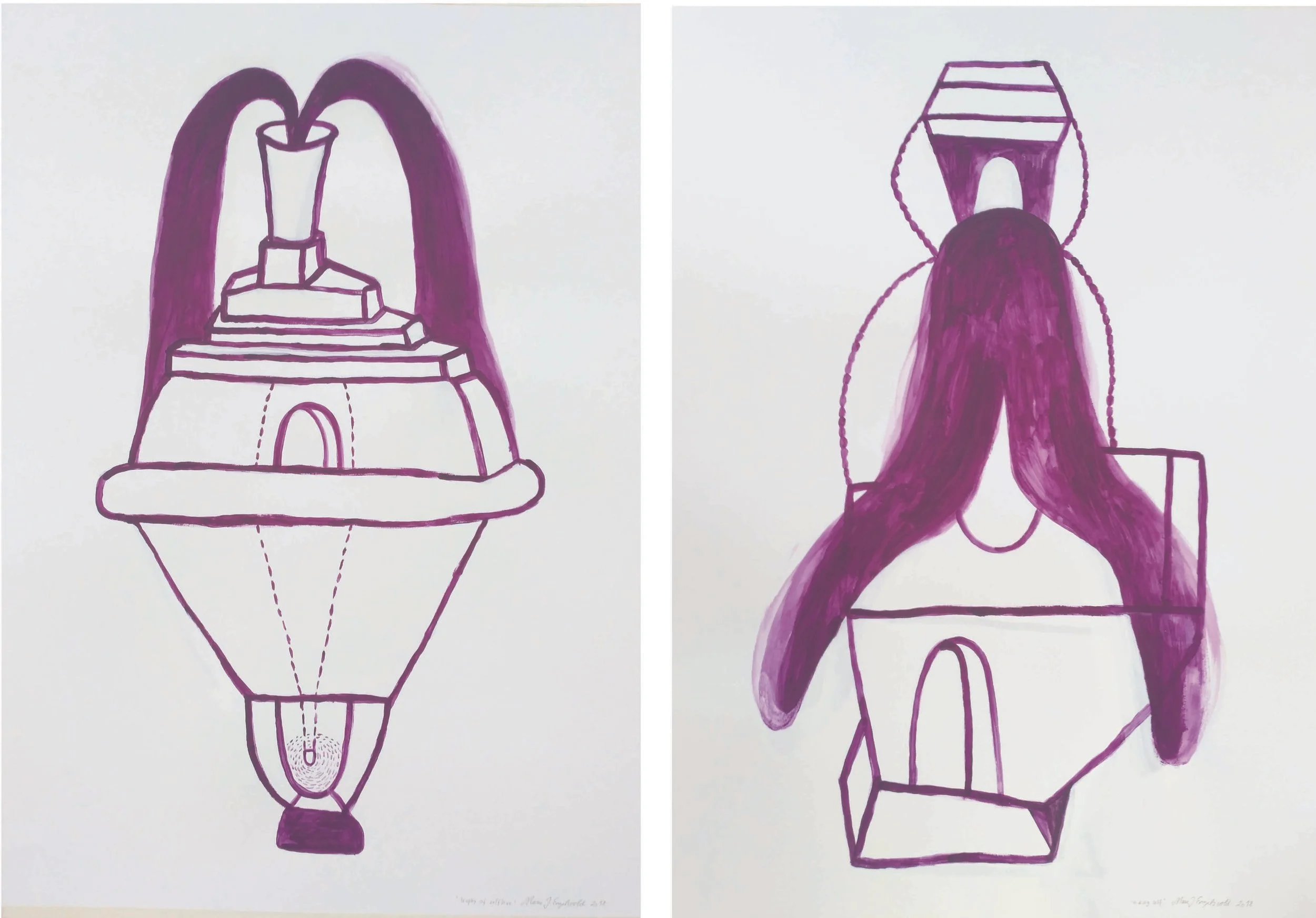 Marie J.Engelsvold. “Trophy of self love” & “Revealing my new self”. 100 x 70 cm. Acrylic paint on paper. 2018.