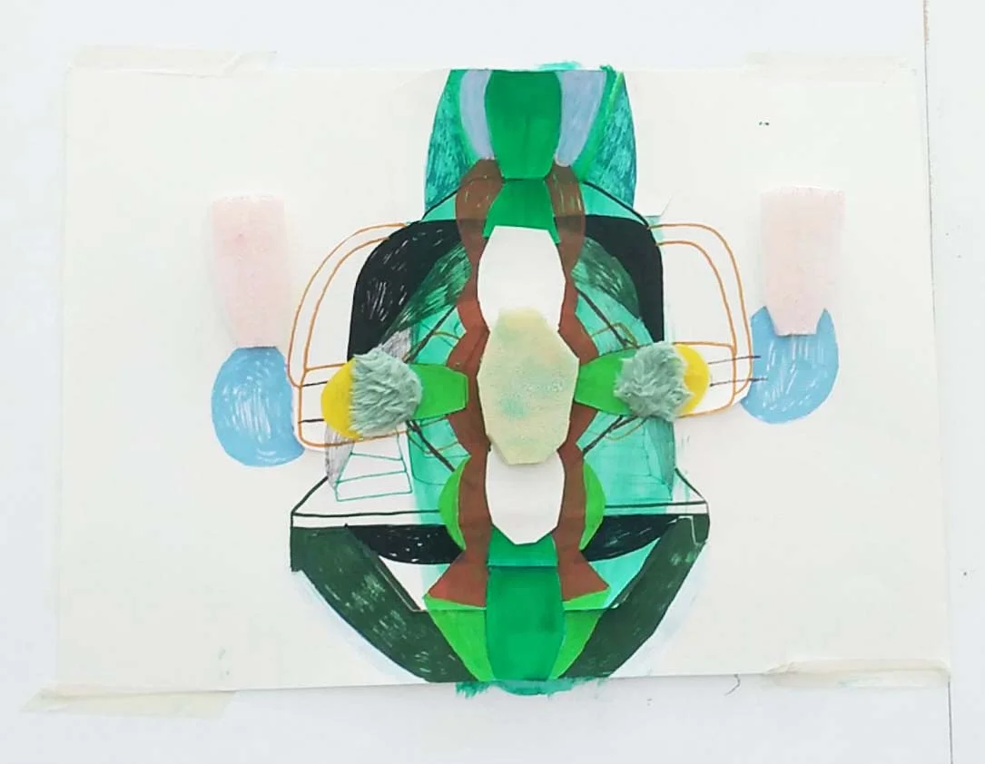 Marie J.Engelsvold. “Green portal” 42 x 59 cm. Acrylics, paper cuts, textile, pencil and foam on paper. 2019.